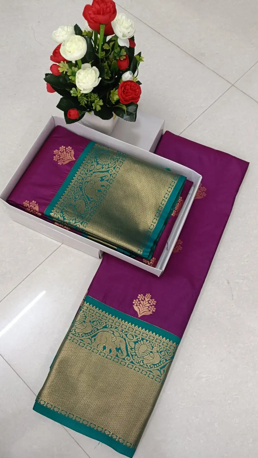 Premium Korvai Elephant-Peacock Butta Semi-Silk